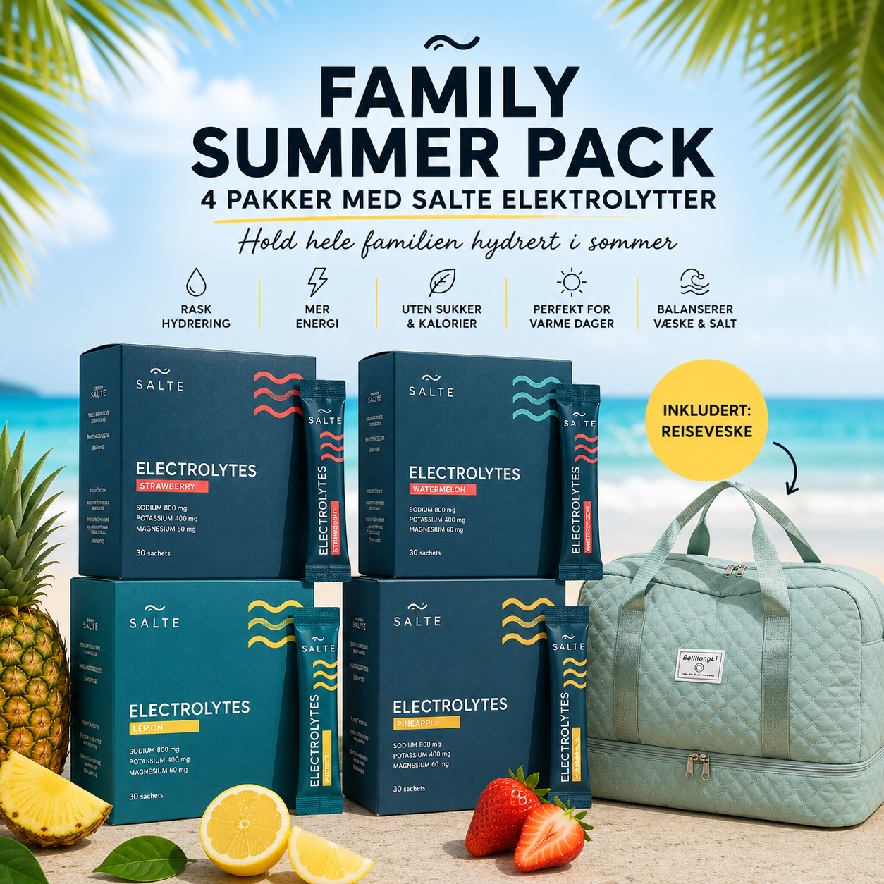 Family Summer pack: Salte elektrolytter x 4 sommersmaker + reiseveske