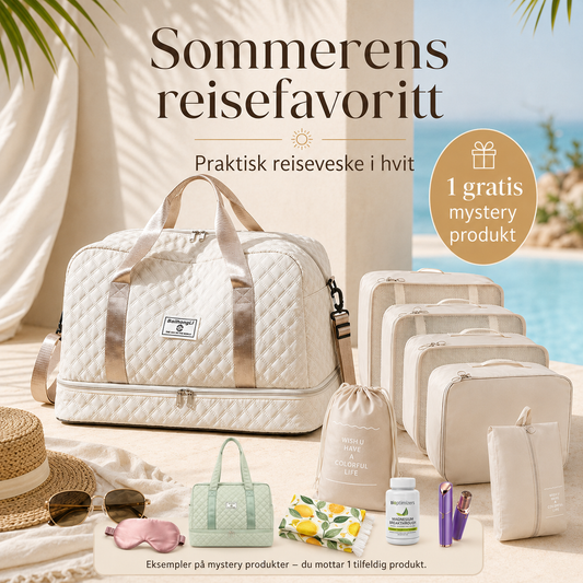 PAKKEDEAL! Praktisk reiseveske (Hvit) +pakkeposer ( 6 deler)+ Mystery produkt ( hemmelig)