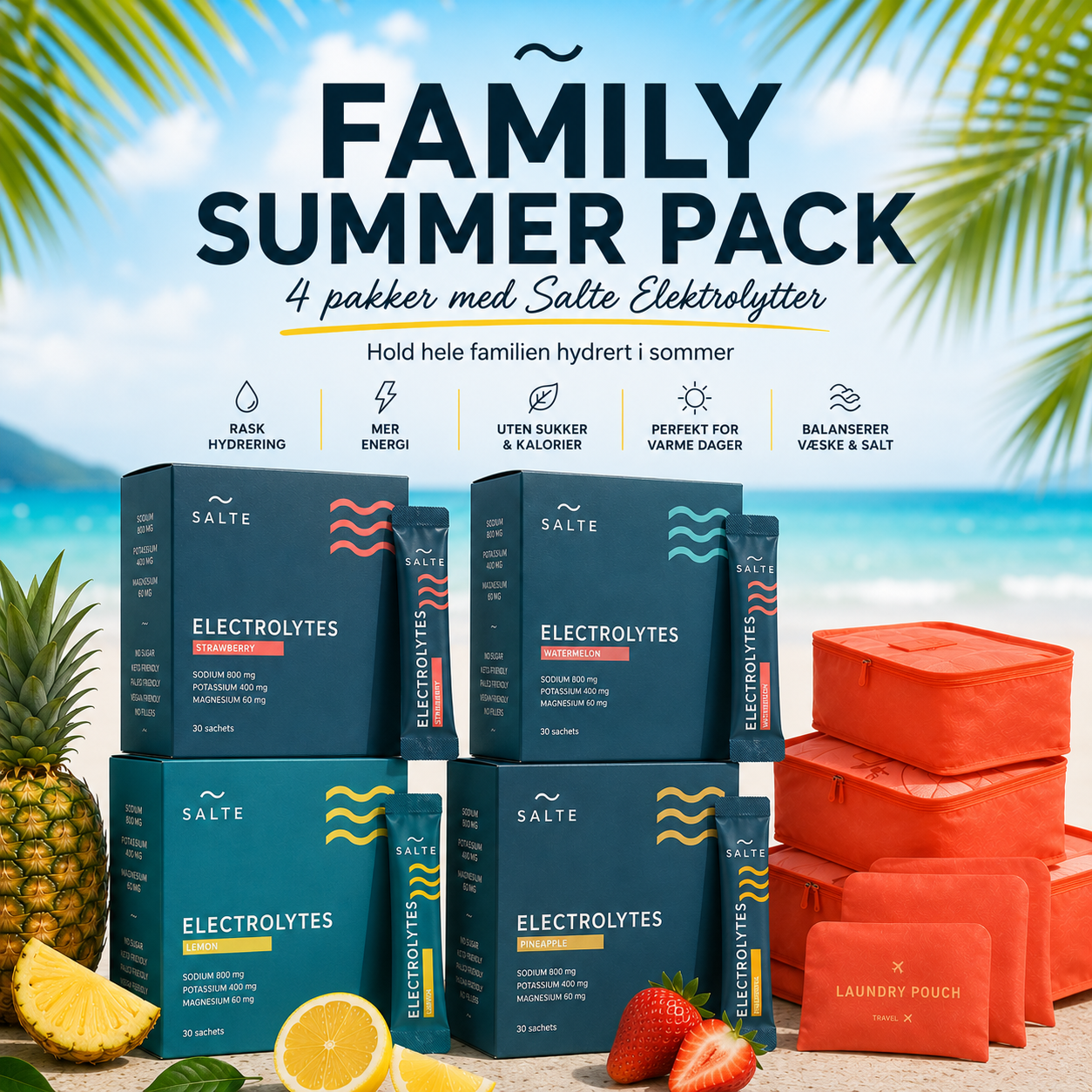 Family Summer pack: Salte elektrolytter x 4 sommersmaker + pakkeposer