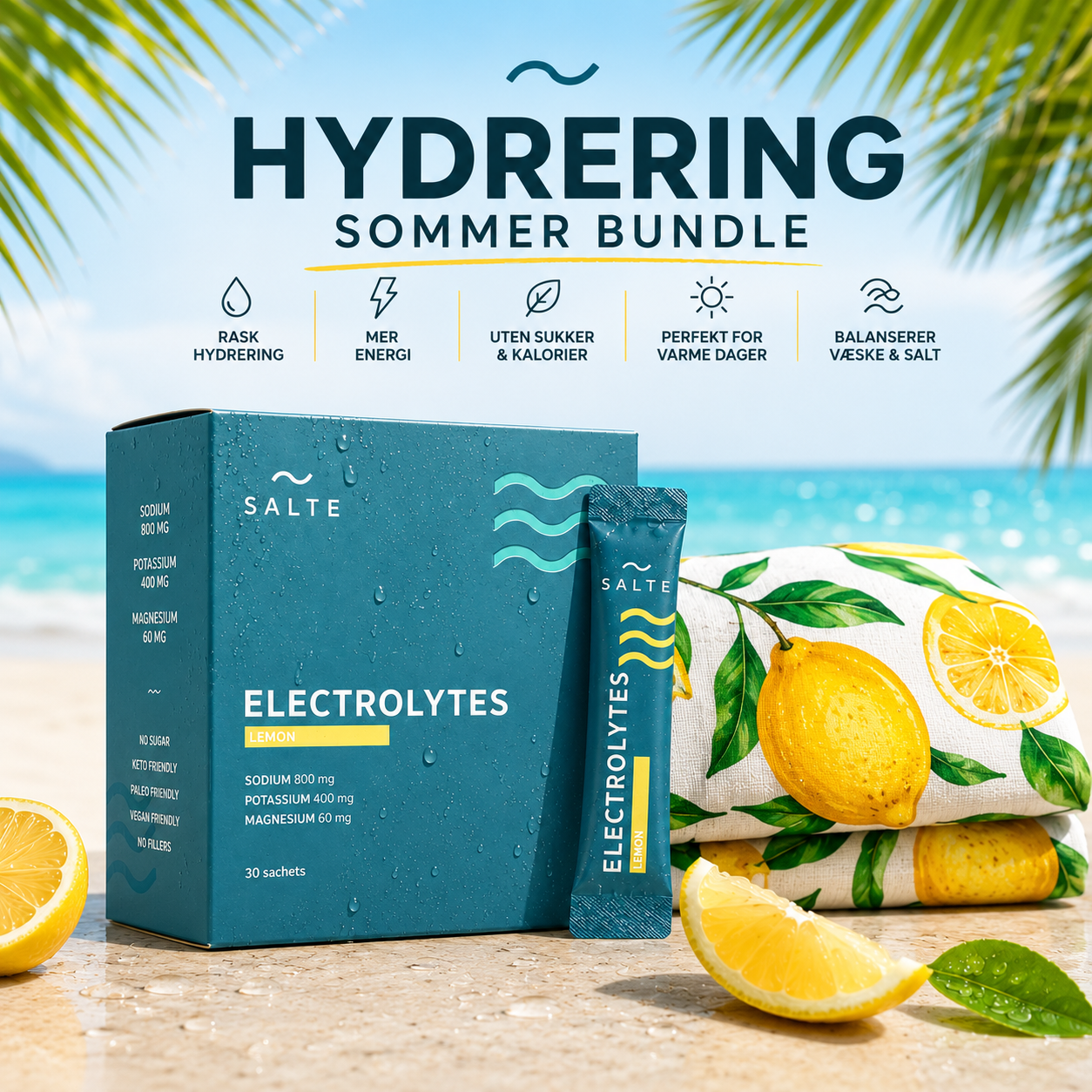 SALTE – Elektrolytter – Lemon – 30 poser + Lemon badehåndkle